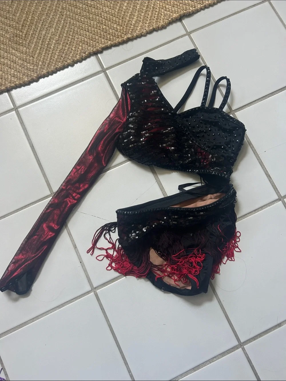 Youth Black & Red Sequin Fringe Dance Costume Set